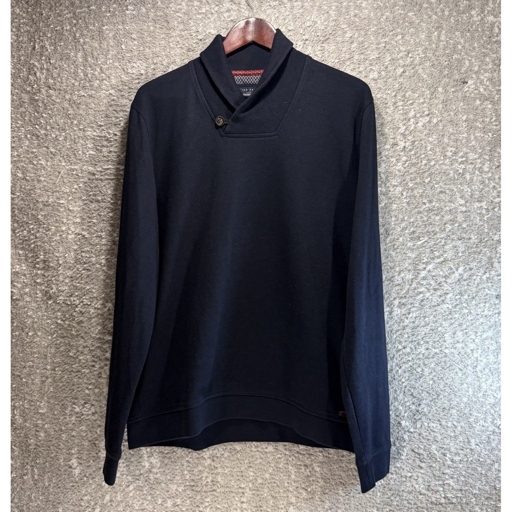 Ted Baker London Sweater Shawl Collar Button Mens 5, XL Navy Black Preppy Soft